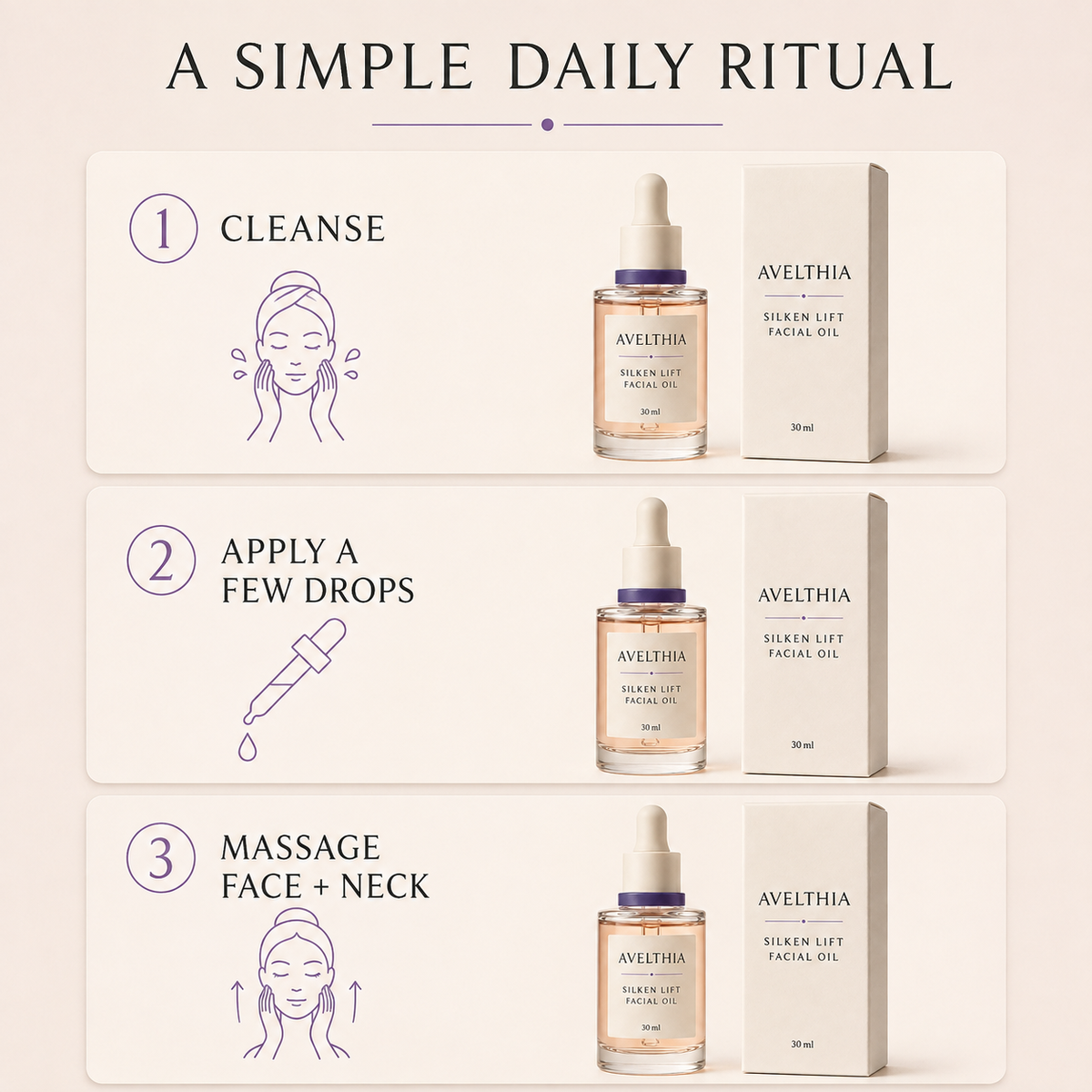 Three-step facial oil application guide