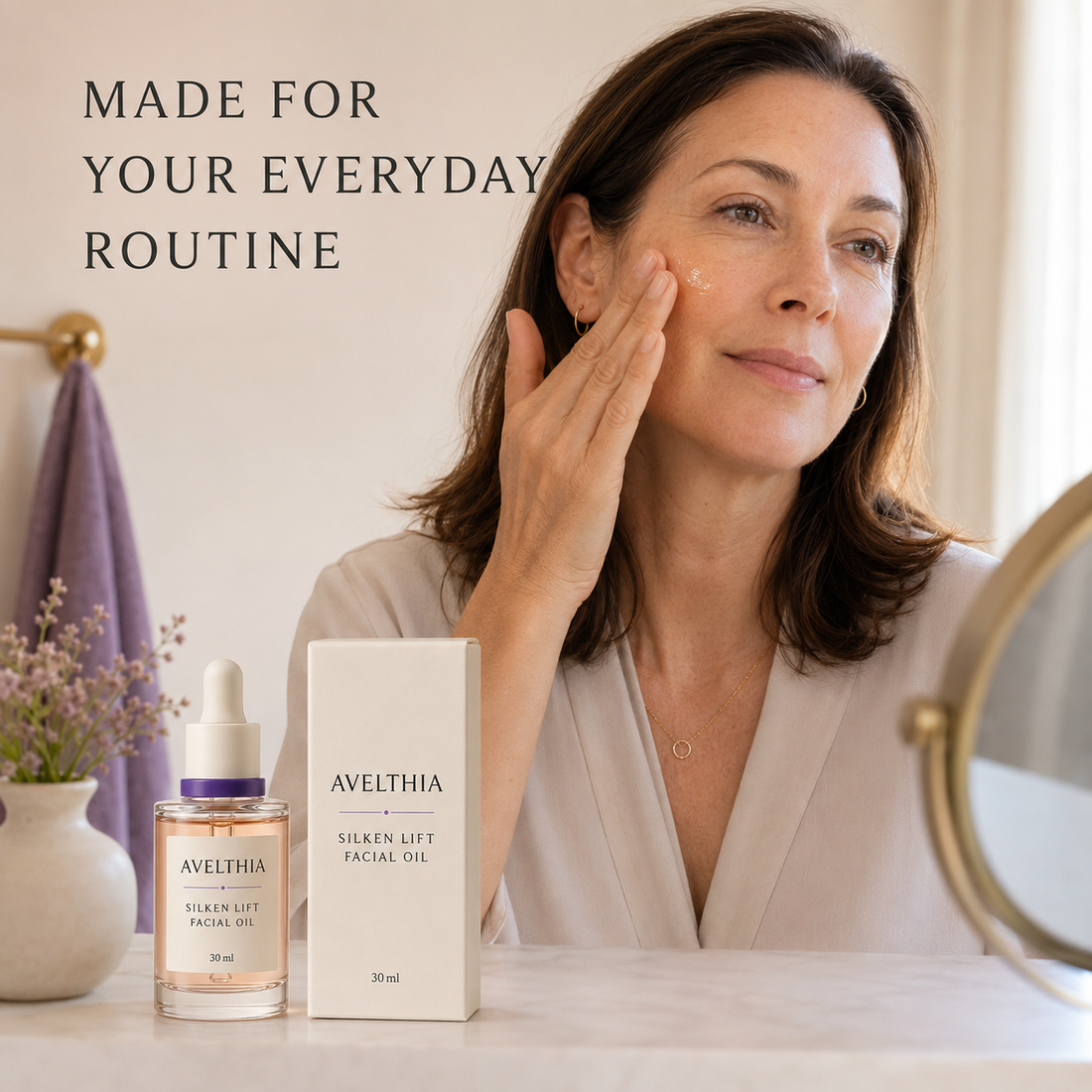 Adult applying Avelthia facial oil as part of a daily routine