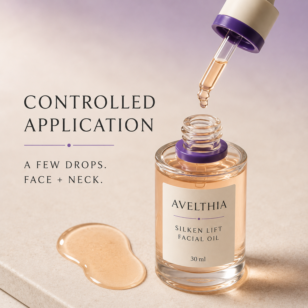 Avelthia Silken Lift Facial Oil controlled dropper and silky fluid texture detail