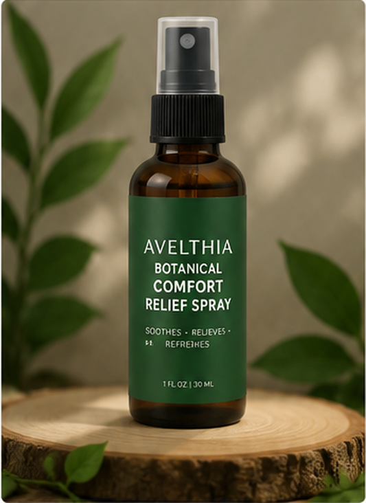 Avelthia Botanical Comfort Spray bottle on a natural botanical background