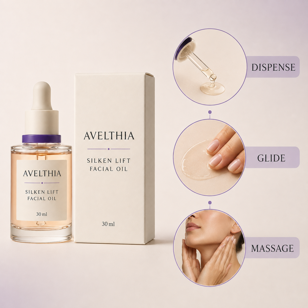 Avelthia Silken Lift Facial Oil application flow: dispense, glide and massage